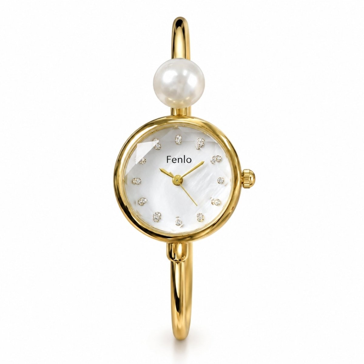A gold-plated bangle watch by Fenlo, featuring a white mother-of-pearl dial with rhinestone hour markers, a single white pearl at the top, and a polished gold bangle band, shown on a white background.