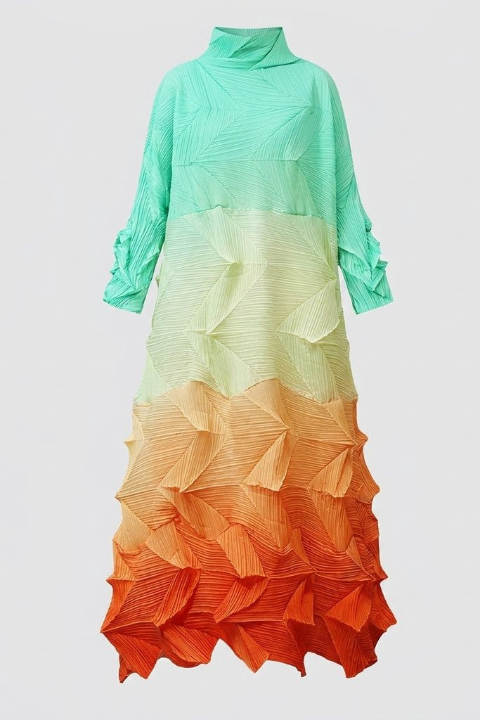 Ghost mannequin front view of the architectural 3D pleated sunset gradient maxi dress
