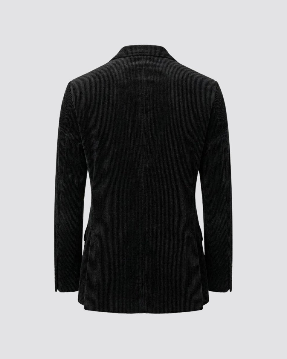 Flat lay back view of the Grady black corduroy blazer, displaying the quality construction and center seam detail.