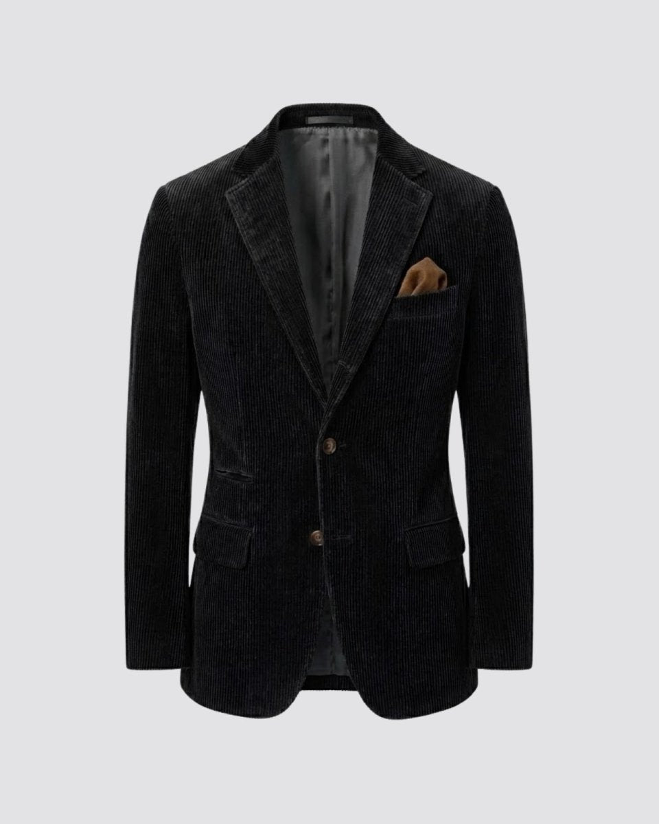 Product shot of the Grady black corduroy blazer laid flat, showing the texture of the 8-wale Italian cotton and notched lapels.