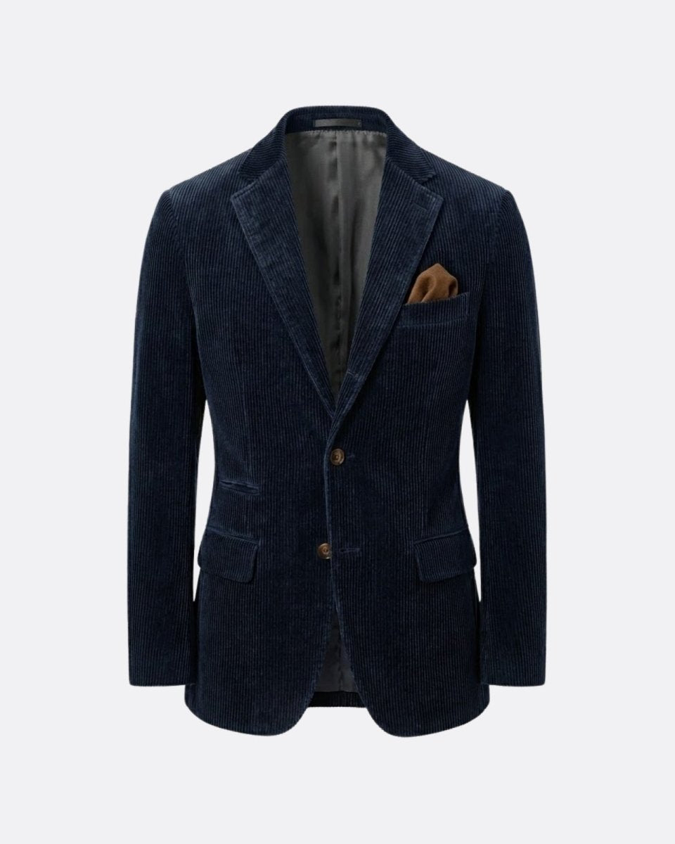 Product flat lay of the front of the dark blue corduroy blazer, displaying its rich texture, two-button closure, and included pocket square.