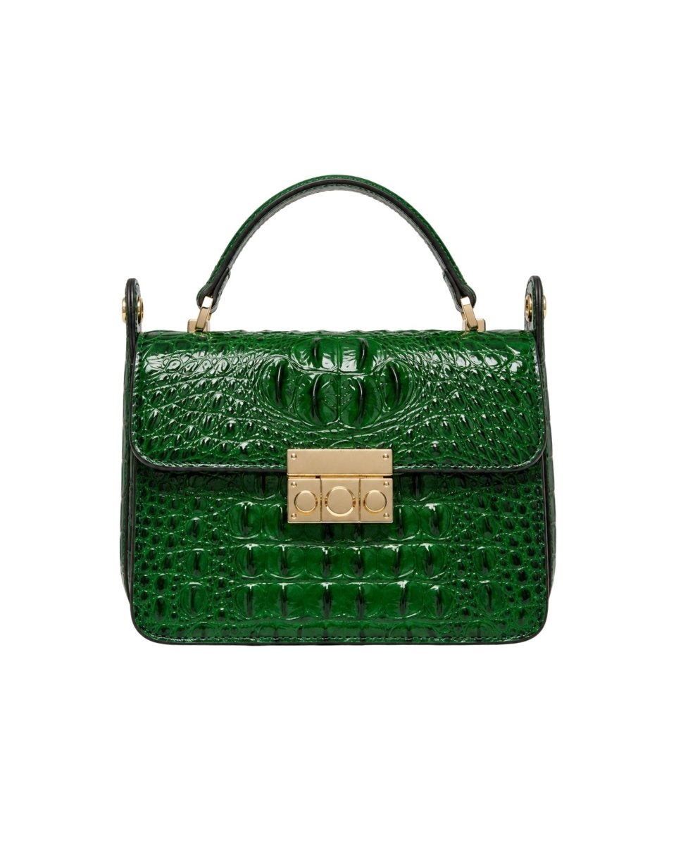 Close up front view of emerald green croc-embossed leather top handle satchel bag with gold triple-clasp hardware.