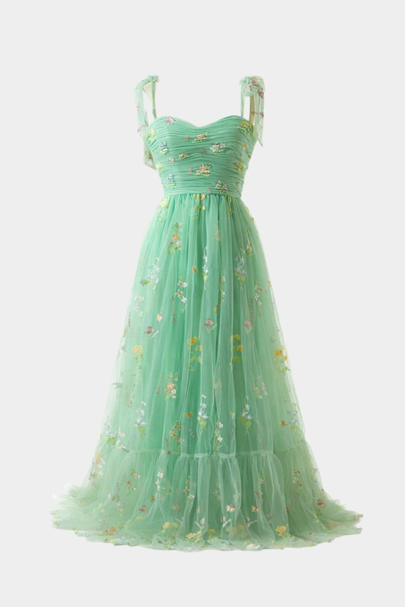 Ghost mannequin front view of Fenlo Form green floral tulle tiered maxi dress