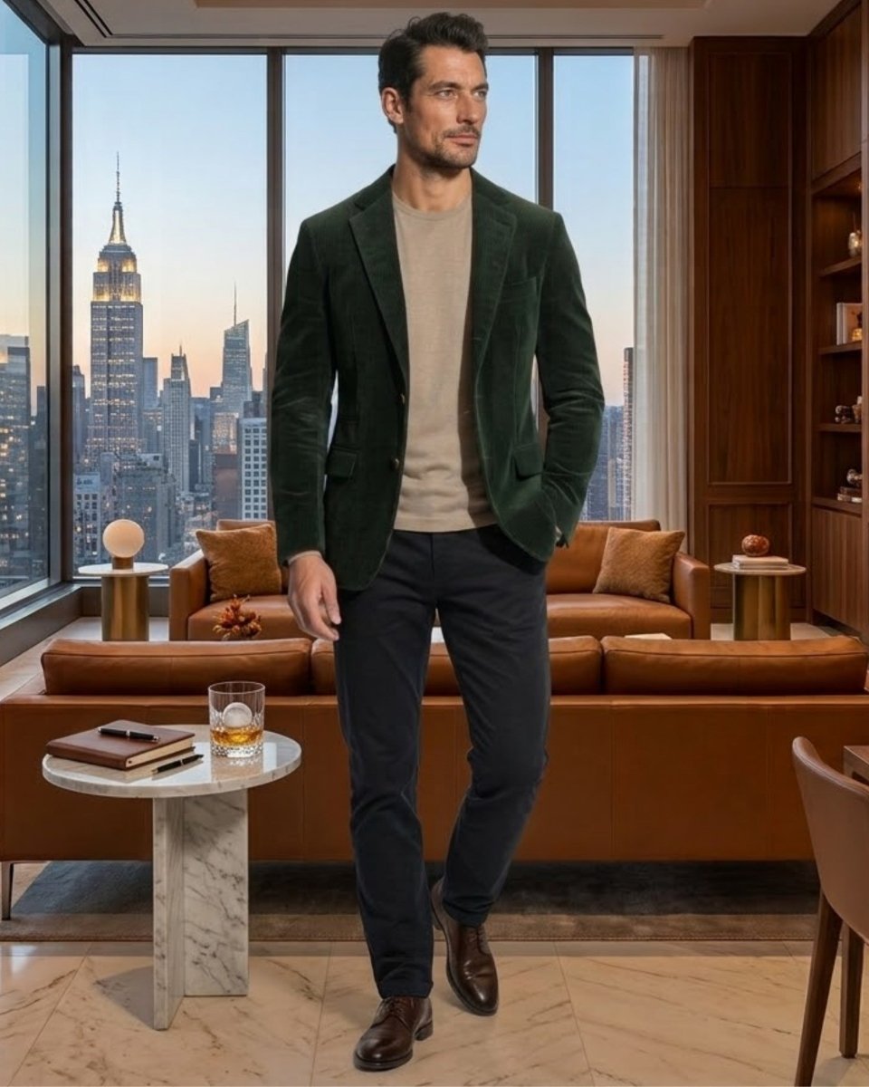 A man wearing a dark green velvet blazer, beige crewneck sweater, dark trousers, and brown leather shoes stands in a modern living room with a city skyline view in the background.
