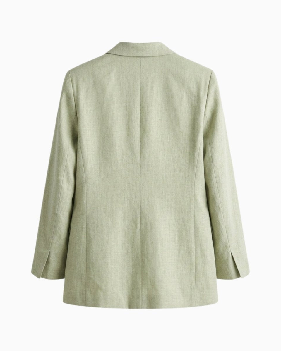 Back view flat lay of green linen blend women's jacket