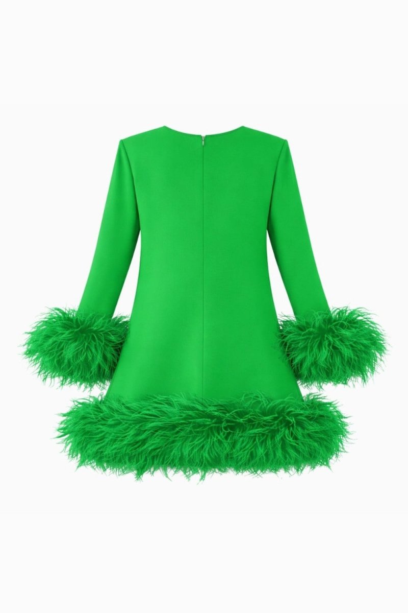 A bright green long-sleeve dress with voluminous feathered trim at the cuffs and hem, shown from the back on a plain white background.