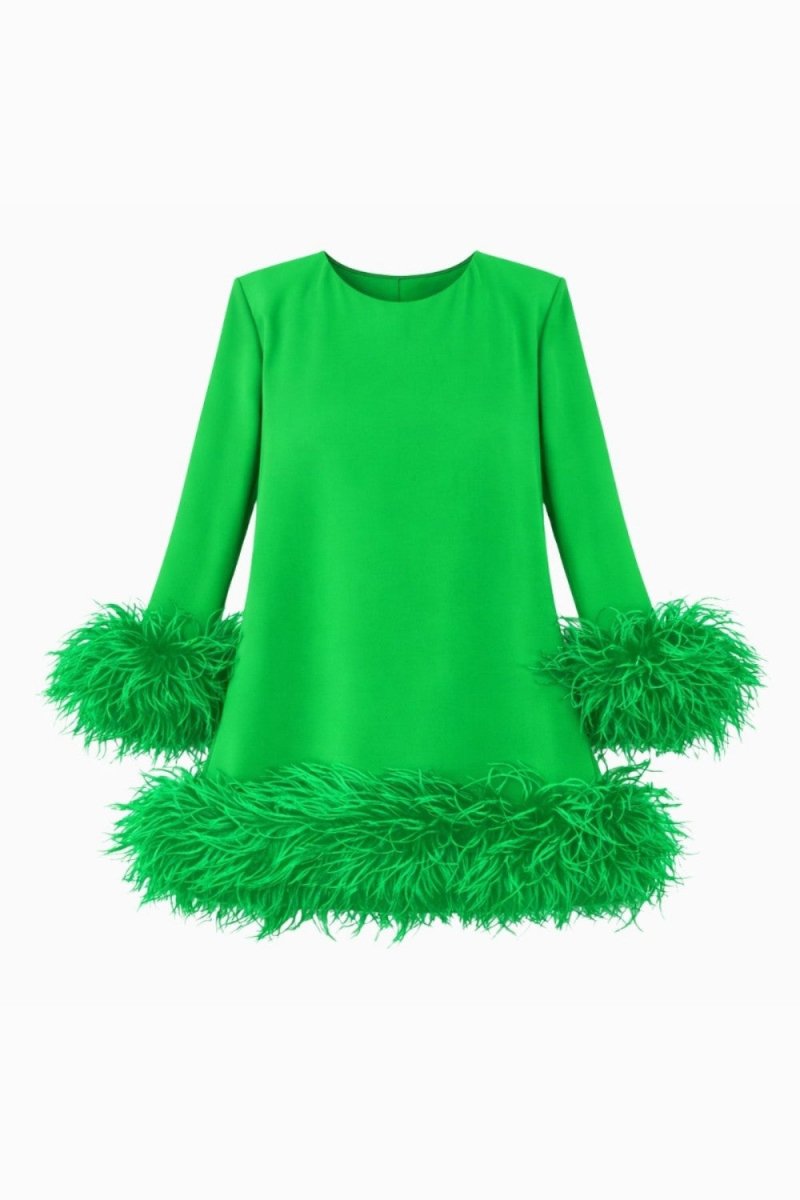 A bright green long-sleeve dress with voluminous feathered trim at the cuffs and hem, shown against a plain white background.