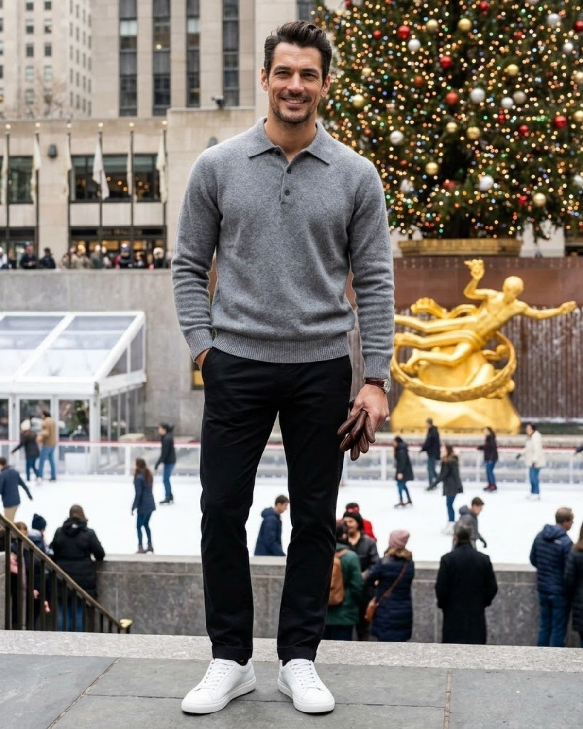 A man wearing a gray knit polo sweater, black trousers, and white sneakers stands in front of a decorated Christmas tree and an ice rink, holding a phone.