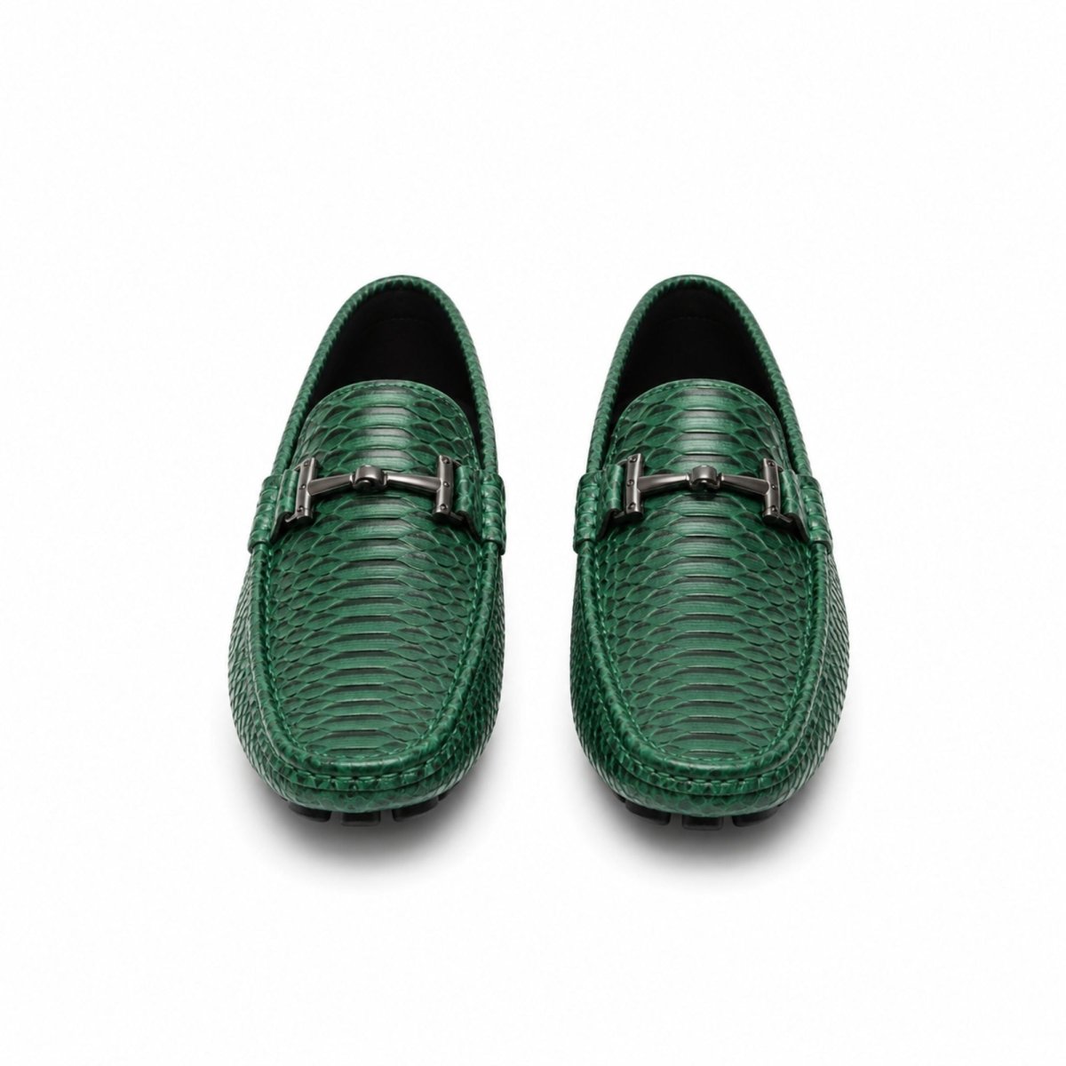 Top down view of men's emerald green luxury python embossed driving loafers featuring dark gunmetal horsebit hardware and tailored stitching.