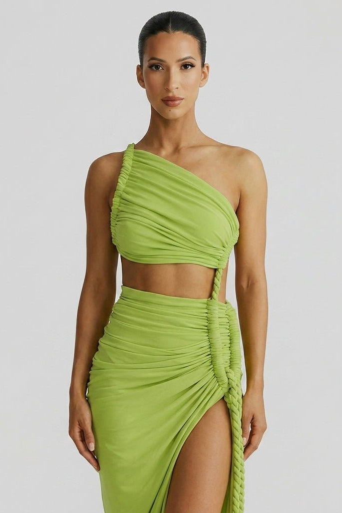 Close up of Fenlo Form green ruched bodice midriff cutout and braided rope side feature