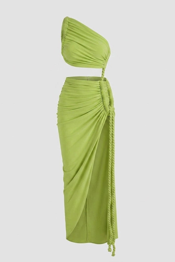 Front view of Fenlo Form green asymmetric ruched cutout maxi dress on invisible mannequin