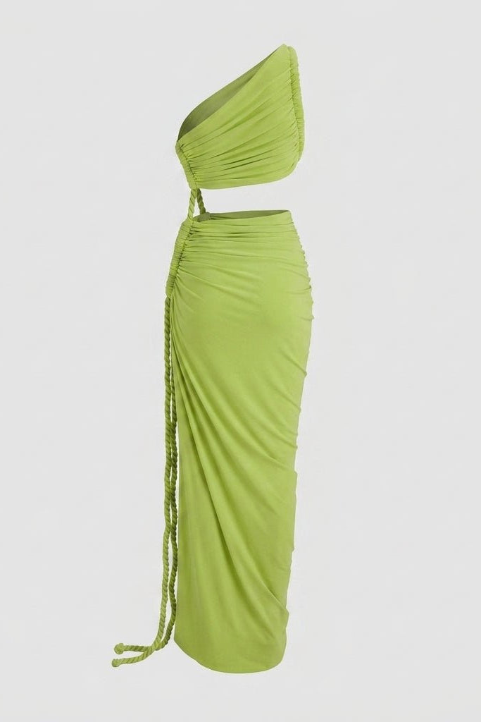 Side angle of Fenlo Form lime green cutout maxi dress showing high slit and hanging rope fringe on invisible mannequin