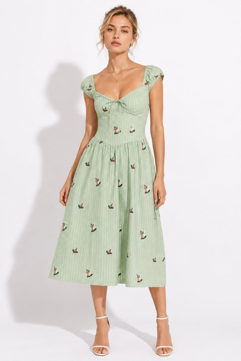Sweetheart Puff Sleeve Corset Midi Dress Smocked A-Line Summer Vacation Wedding Guest Romantic Vintage Cotton Sundress Fenlo Form