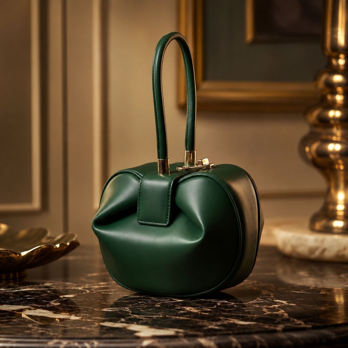A structured dark green leather handbag with a top handle and gold-tone hardware, displayed on a polished marble surface in an elegant interior setting.
