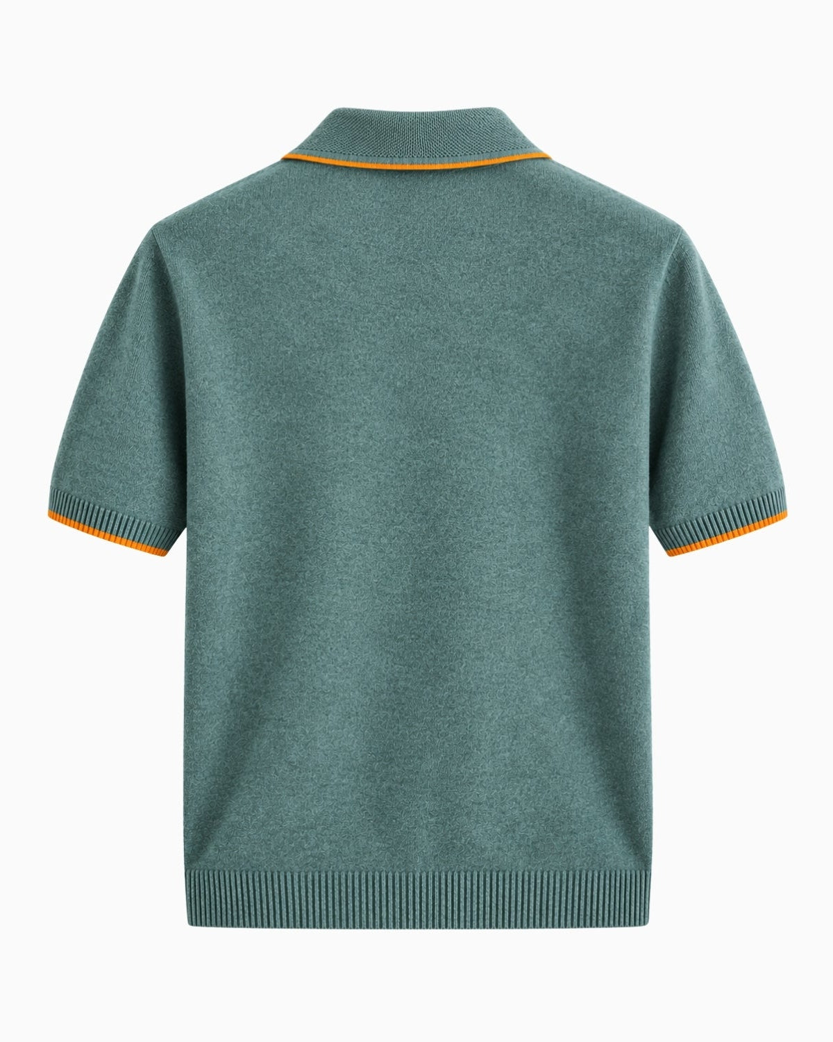 A short-sleeve knit polo shirt shown from the back, in a muted teal green color with contrasting orange trim at the collar and sleeve cuffs, on a plain white background.