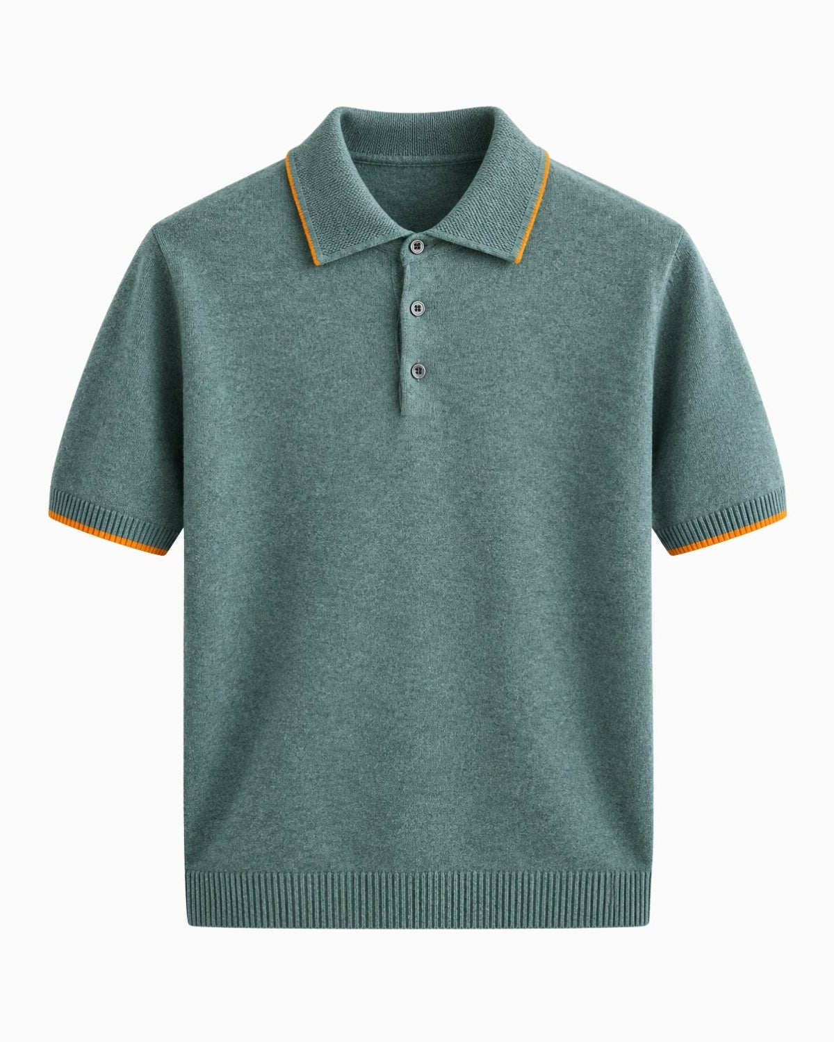 A short-sleeve knit polo shirt in a muted sage green color, featuring thin yellow-orange contrast trim along the collar and sleeve cuffs, with a three-button placket. The shirt is displayed flat against a clean white background.