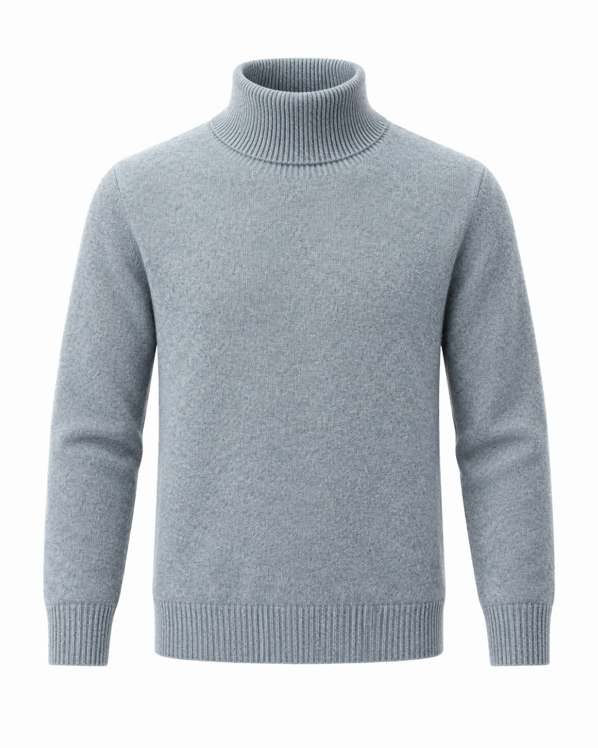 A green knit turtleneck sweater with ribbed collar, cuffs, and hem, shown on a plain white background.
