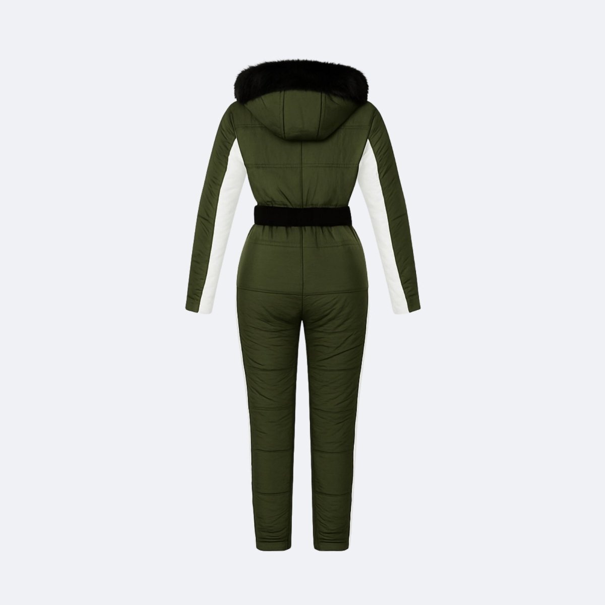 Back flat lay of the insulated ski jumpsuit showing the quilted pattern and white arm stripes.