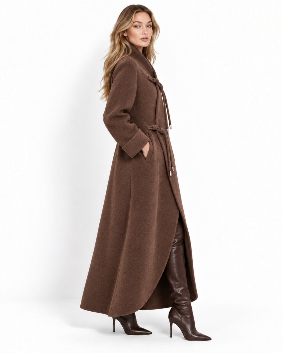 A woman modeling a long wool coat with a matching waist tie, paired with dark brown leather knee-high boots, against a plain white studio background.