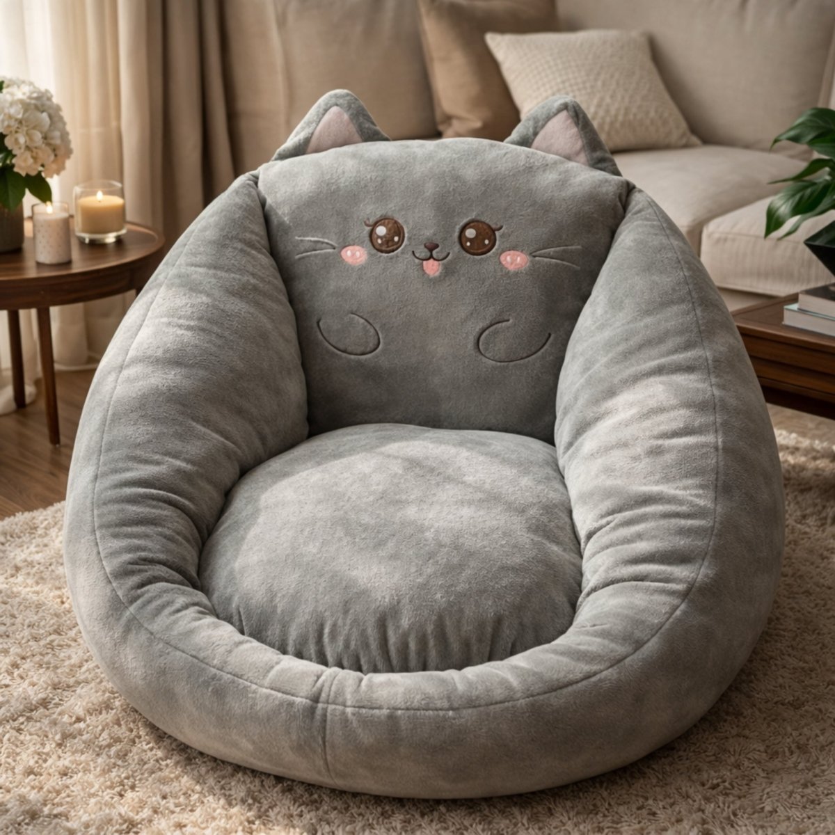 Premium grey cat shaped plush floor cushion providing comfortable seating in a modern neutral aesthetic home setting.