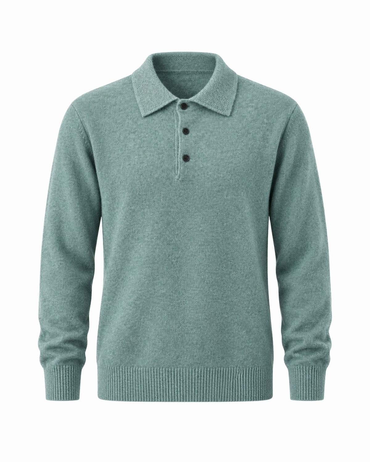 A long-sleeve knit polo sweater in a muted sage green color, featuring a three-button placket and ribbed collar, cuffs, and hem, shown on a plain white background.