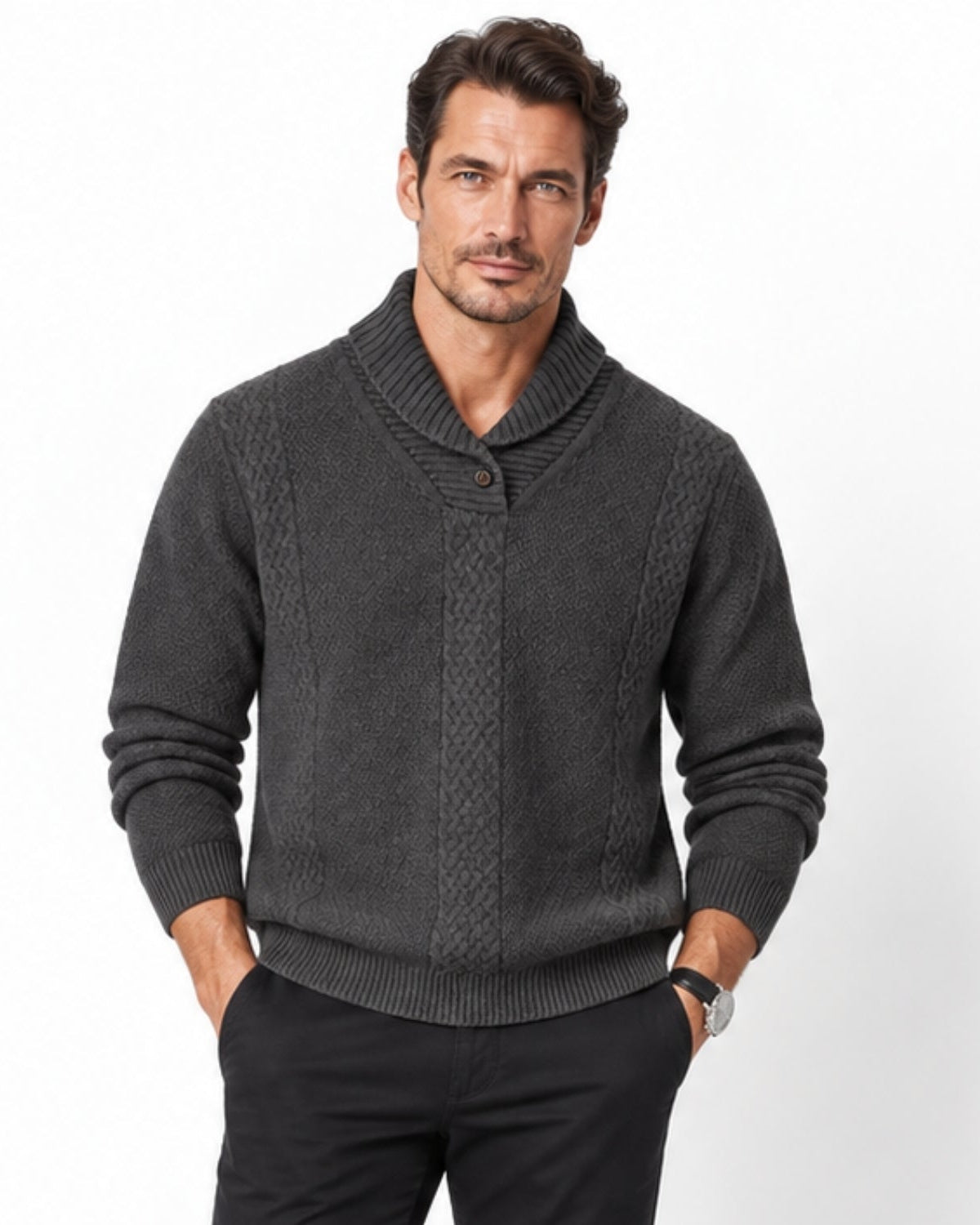 Front view of a male model wearing a luxury charcoal grey shawl collar cable knit sweater with single button detail.