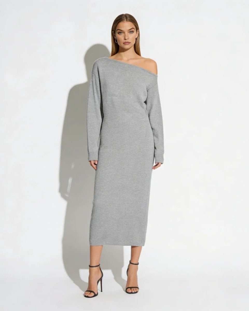 Model wearing the Selena heather grey off-shoulder knit midi dress, front view.