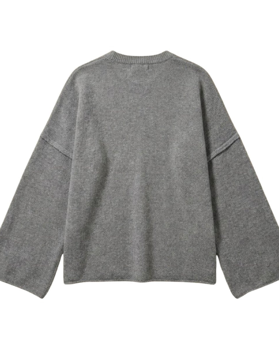 Product flat lay of the back of the grey oversized sweater highlighting the ribbed crewneck detail.
