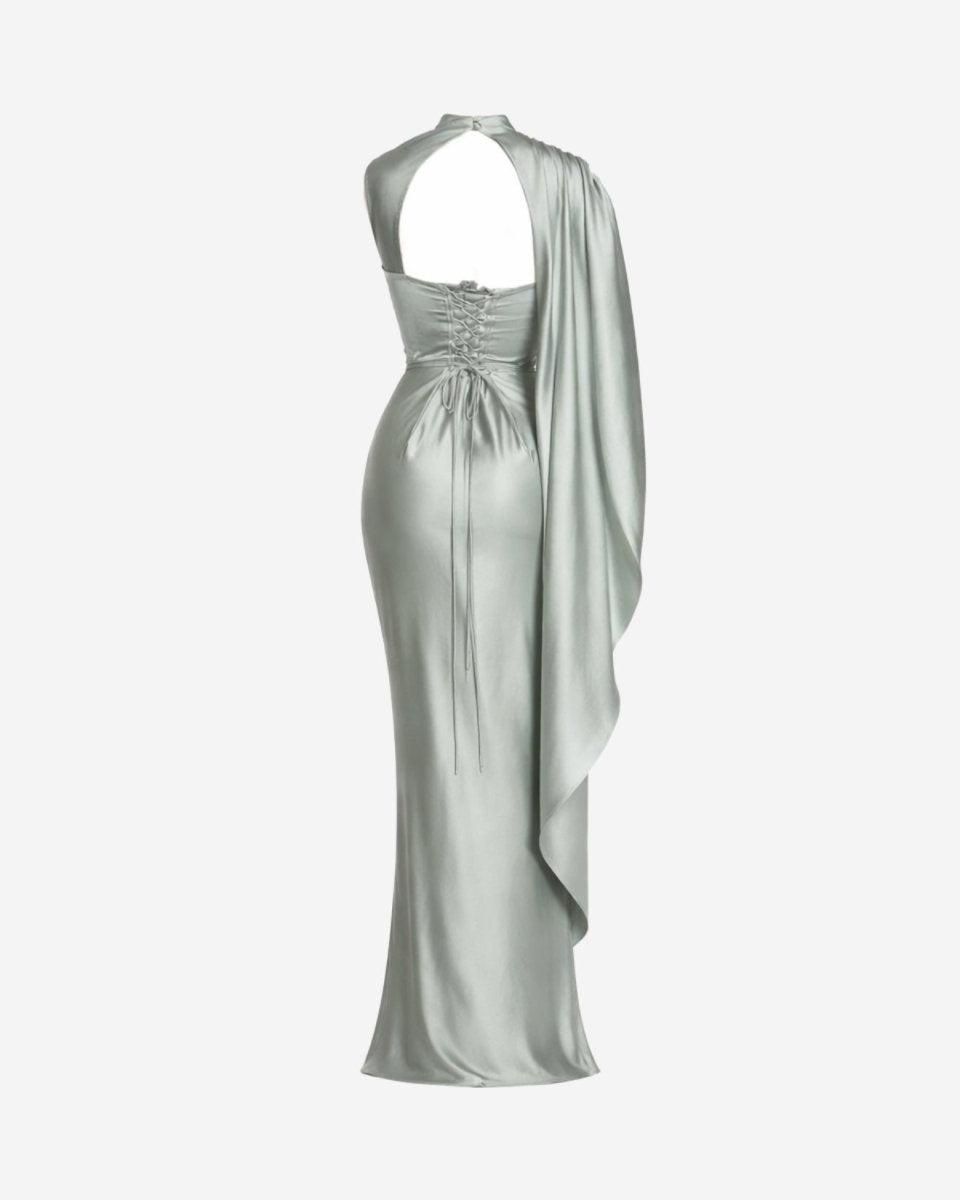 Ghost mannequin back view of the sage green satin dress showing the intricate back lacing and fabric drape.