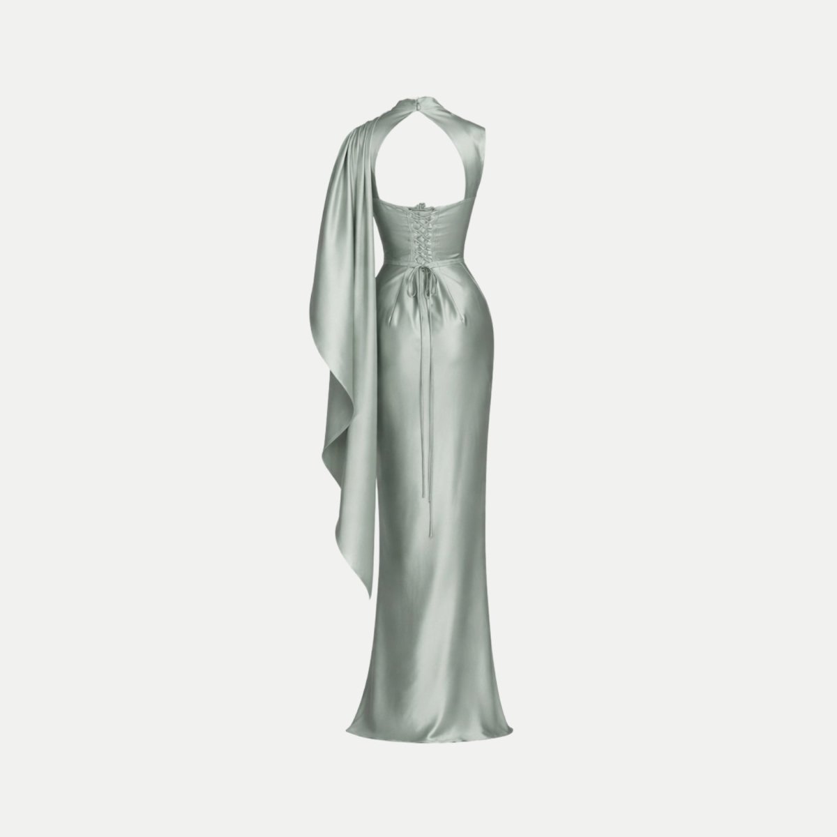 Back view of grey satin dress showing corset tie details without model.