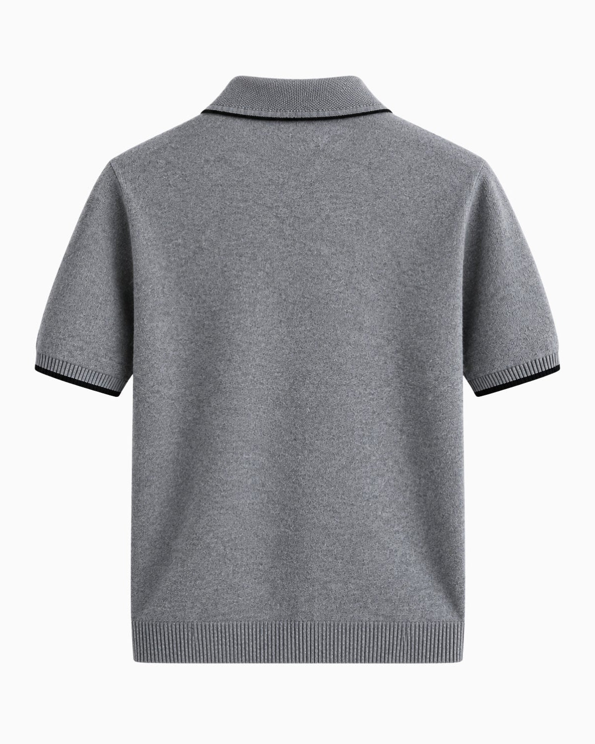 A gray short-sleeve knit polo shirt shown from the back, featuring black ribbed trim along the collar, sleeve cuffs, and hem, set against a plain white background.