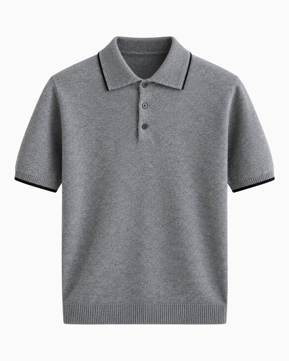 A short-sleeve knit polo shirt in heather gray with black trim on the collar, sleeve cuffs, and hem, featuring a three-button placket, shown against a plain white background.