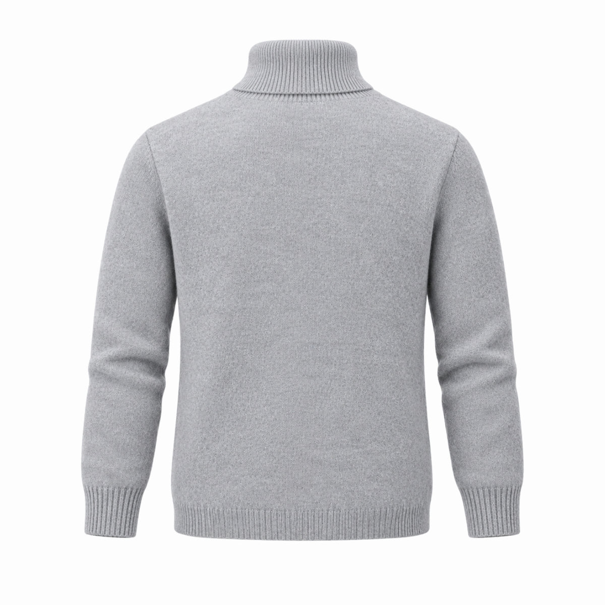 A light gray knit turtleneck sweater shown from the back, featuring ribbed collar, cuffs, and hem, on a solid white background.
