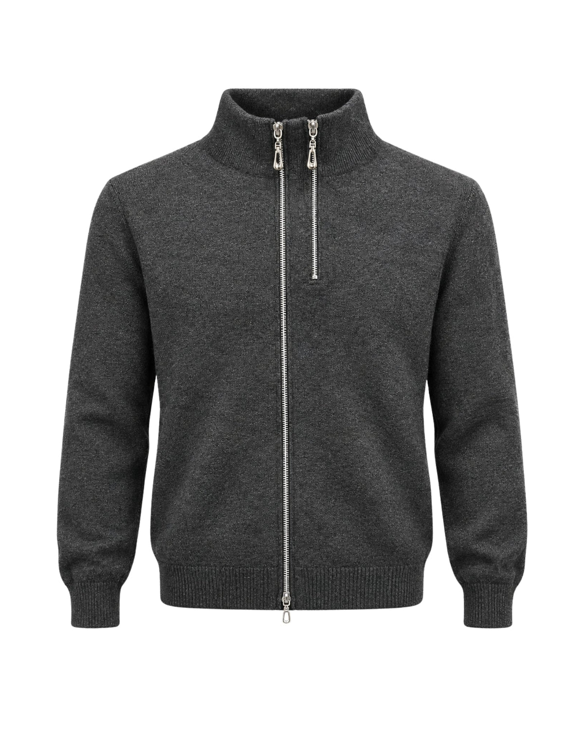 A dark gray heather knit zip-up sweater with a mock neck and silver zipper, shown on a plain white background.