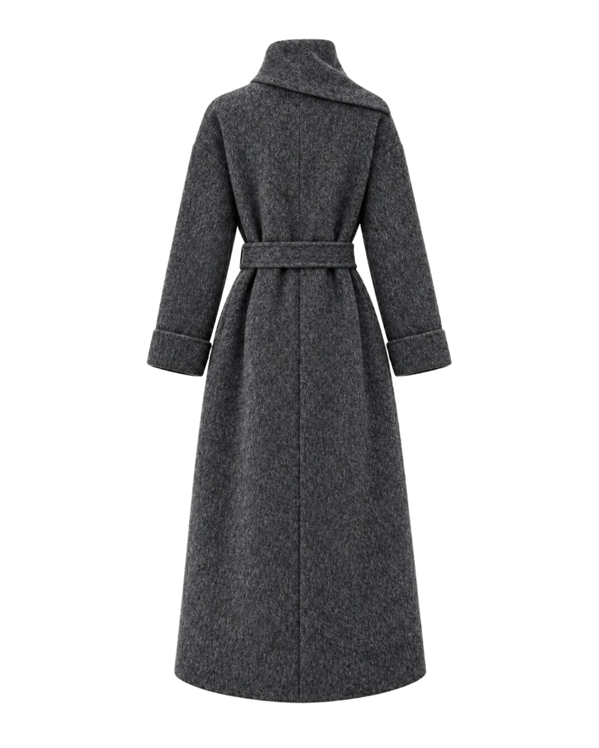 A dark gray textured wool coat with a high wrap collar, long sleeves, and a matching waist belt, shown from the back on a plain white background.