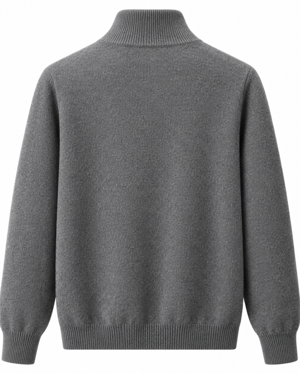 A dark gray knit sweater with a mock neck, long sleeves, and ribbed cuffs and hem, shown from the back on a white background.