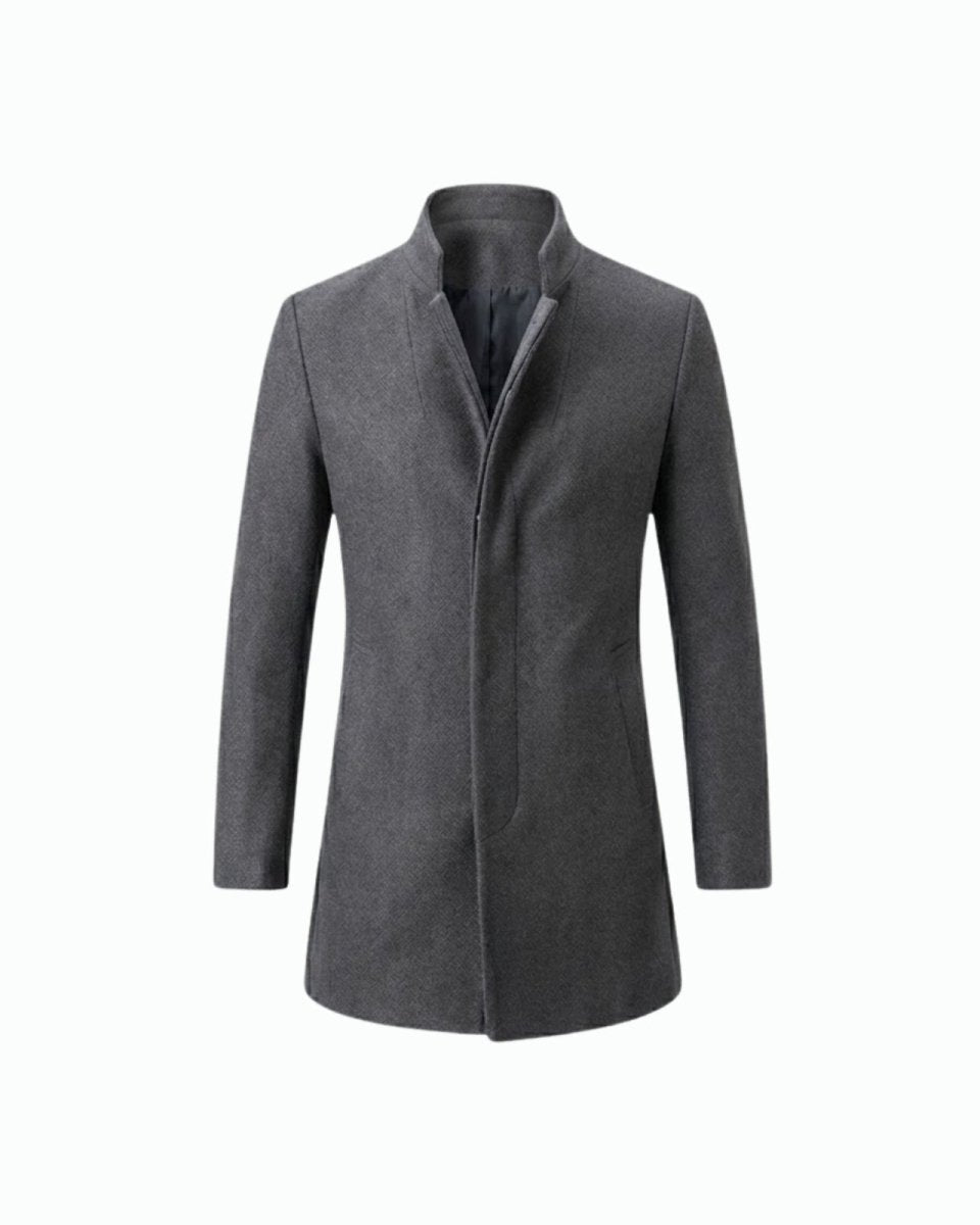 Product-only studio shot of the men's grey stand collar wool overcoat, laid flat to show its shape and button details.
