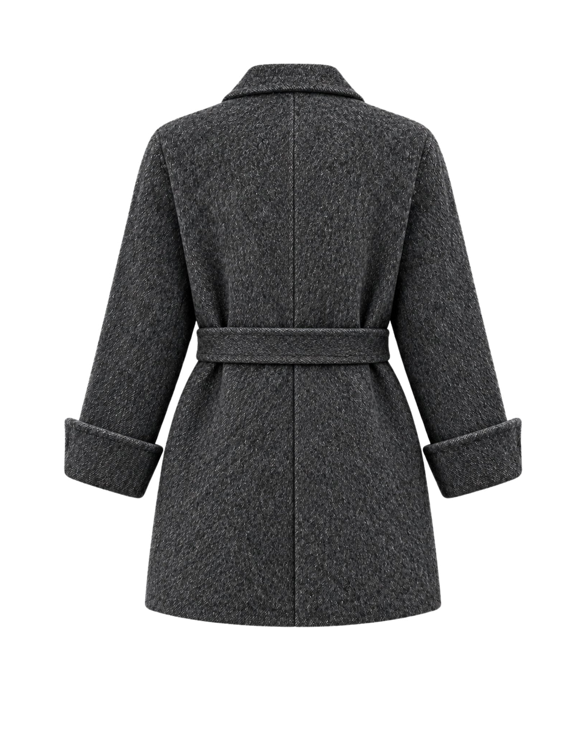 A dark gray textured wool coat with a matching waist belt, shown from the back on a plain white background.
