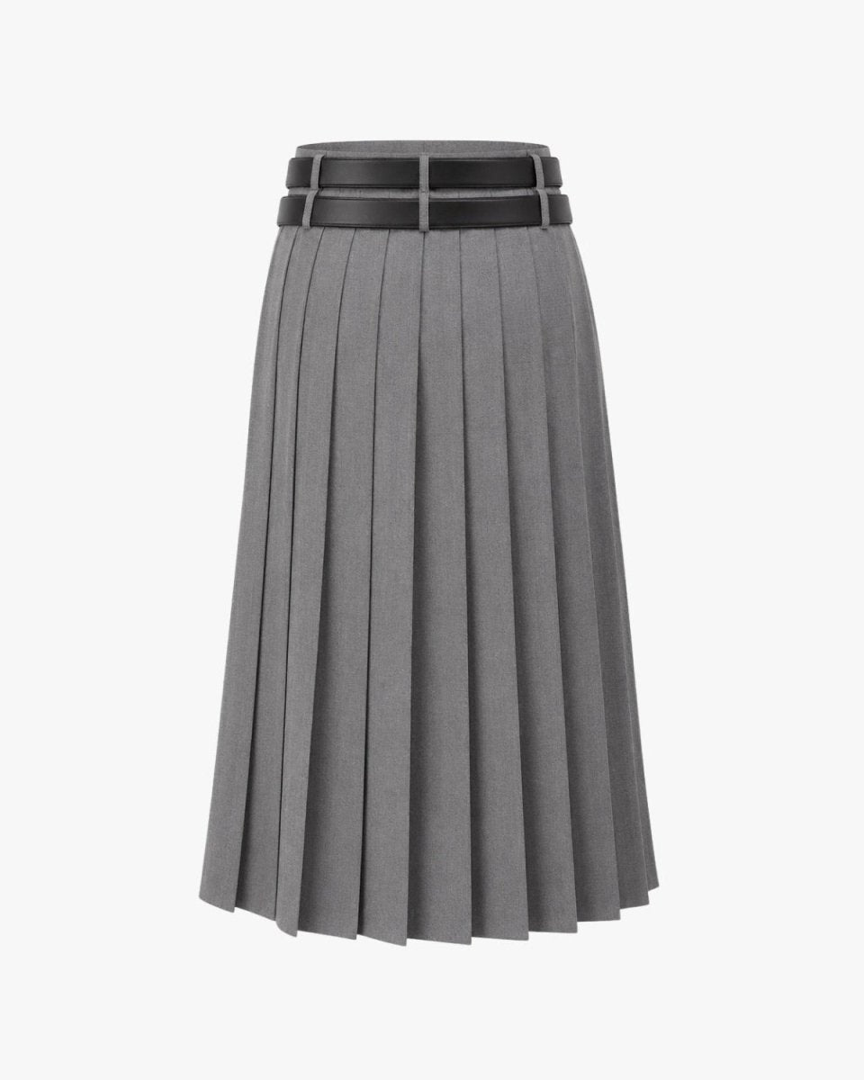 A gray pleated midi skirt with a black belt featuring a silver buckle, shown against a plain white background.