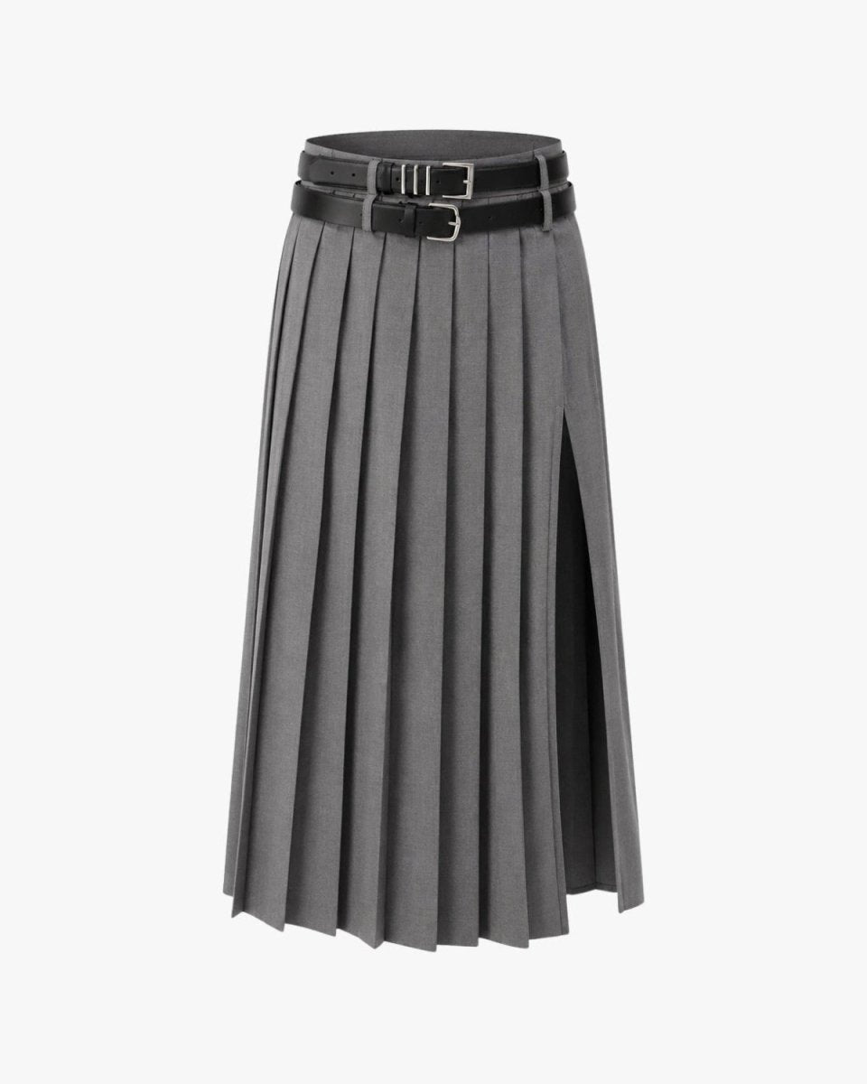 A gray pleated midi skirt with a front slit and a black belt with silver buckle, shown on a plain light gray background.