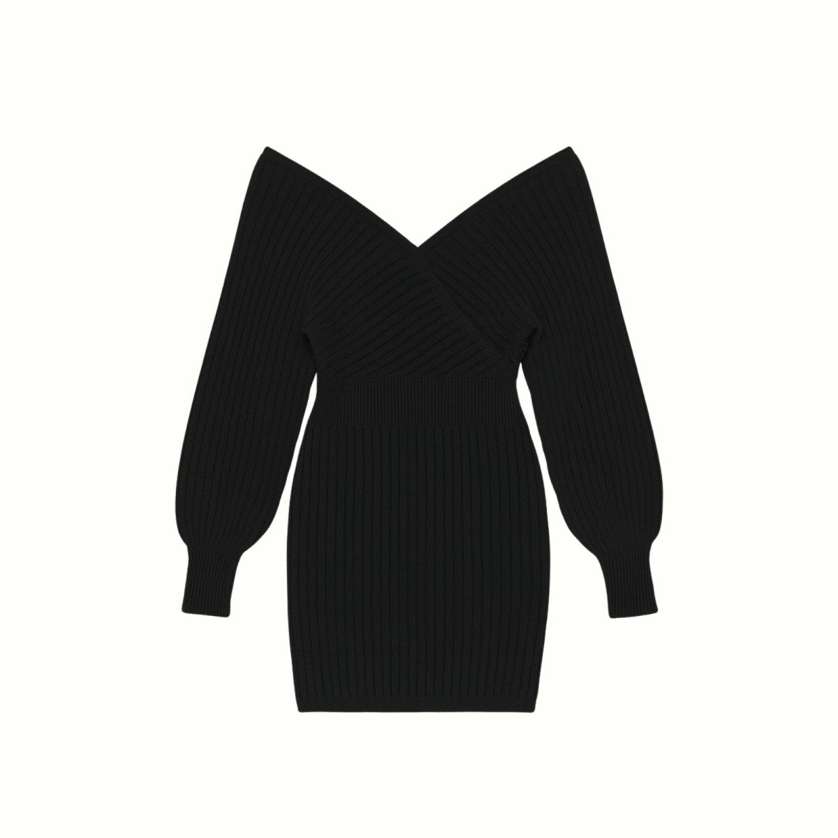 Flat lay product photo of the Gwynth black off-the-shoulder V-neck sweater dress on a white background.