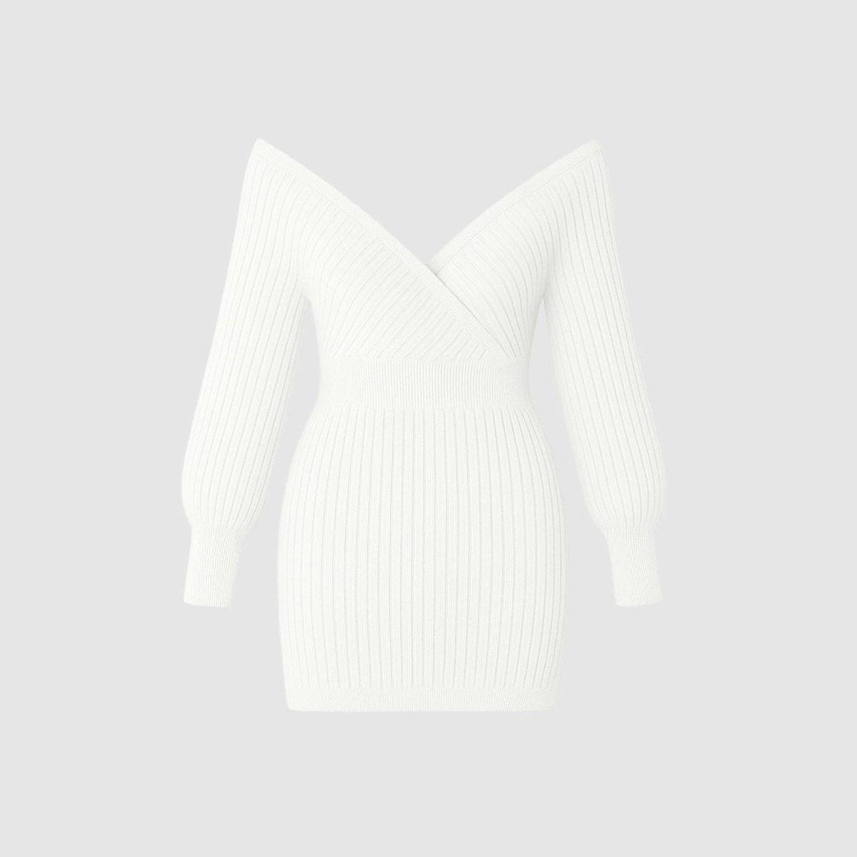 Product flat lay of the Gwynth off-shoulder sweater dress in white, detailing the ribbed knit texture and surplice neckline.