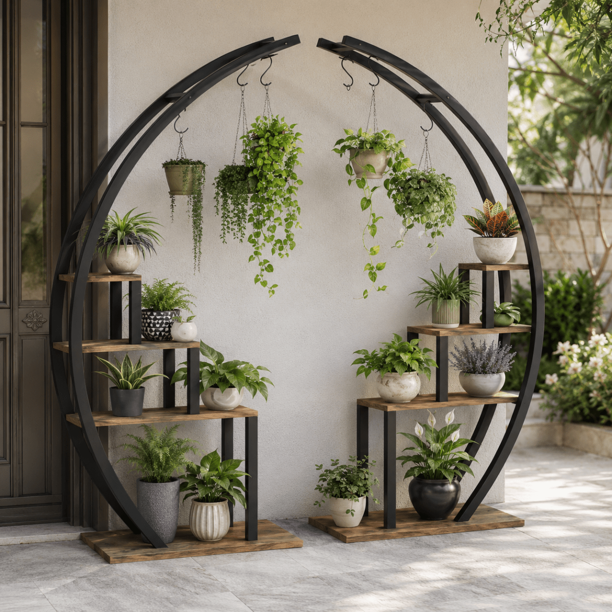 Tall indoor half moon plant stand featuring a curved black metal frame and 5 rustic wooden tiers displaying various potted houseplants in a modern living room.