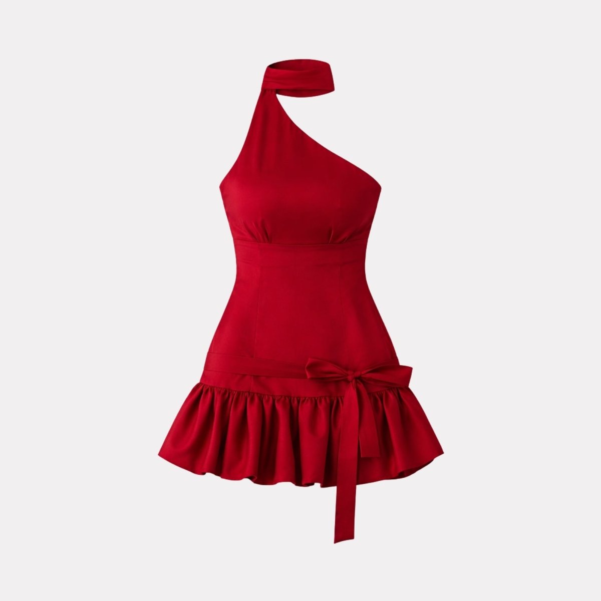 Product-only studio shot of the Kouvr red one-shoulder cocktail dress with a bow detail and flounced hem.