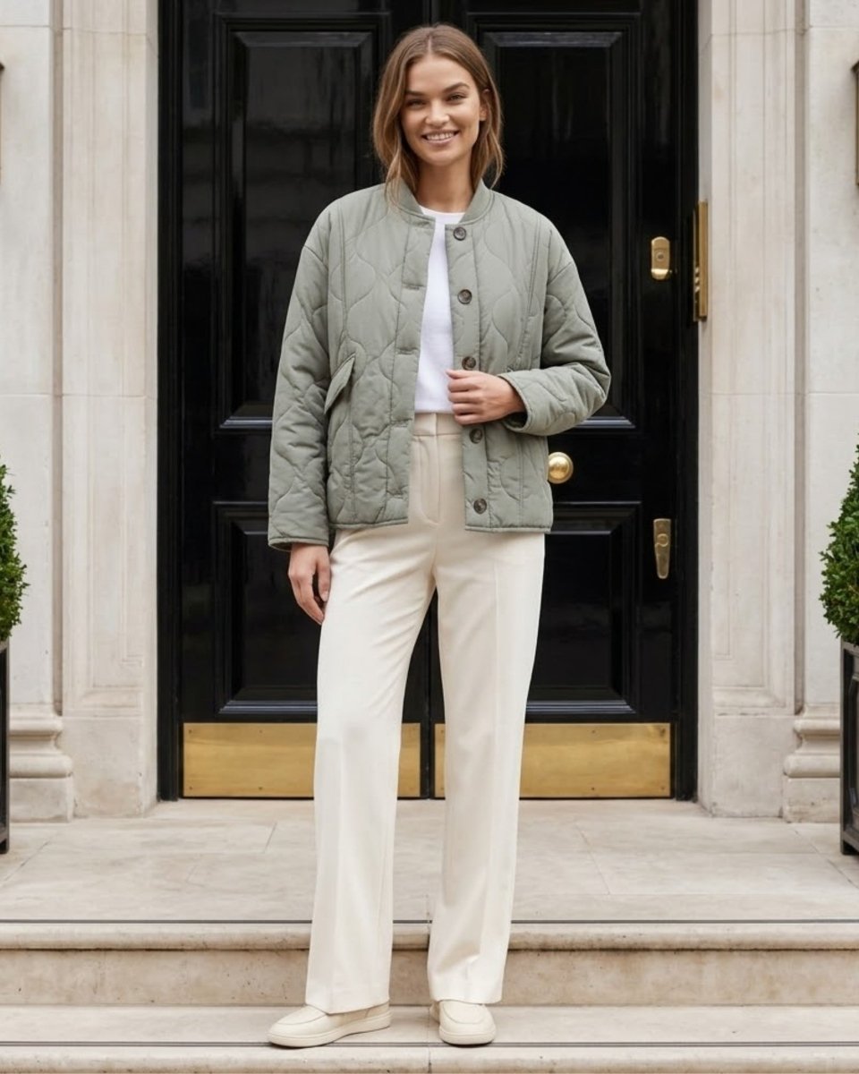 A woman stands on stone steps in front of a black door wearing a light sage green quilted jacket over a white top and cream wide-leg trousers.