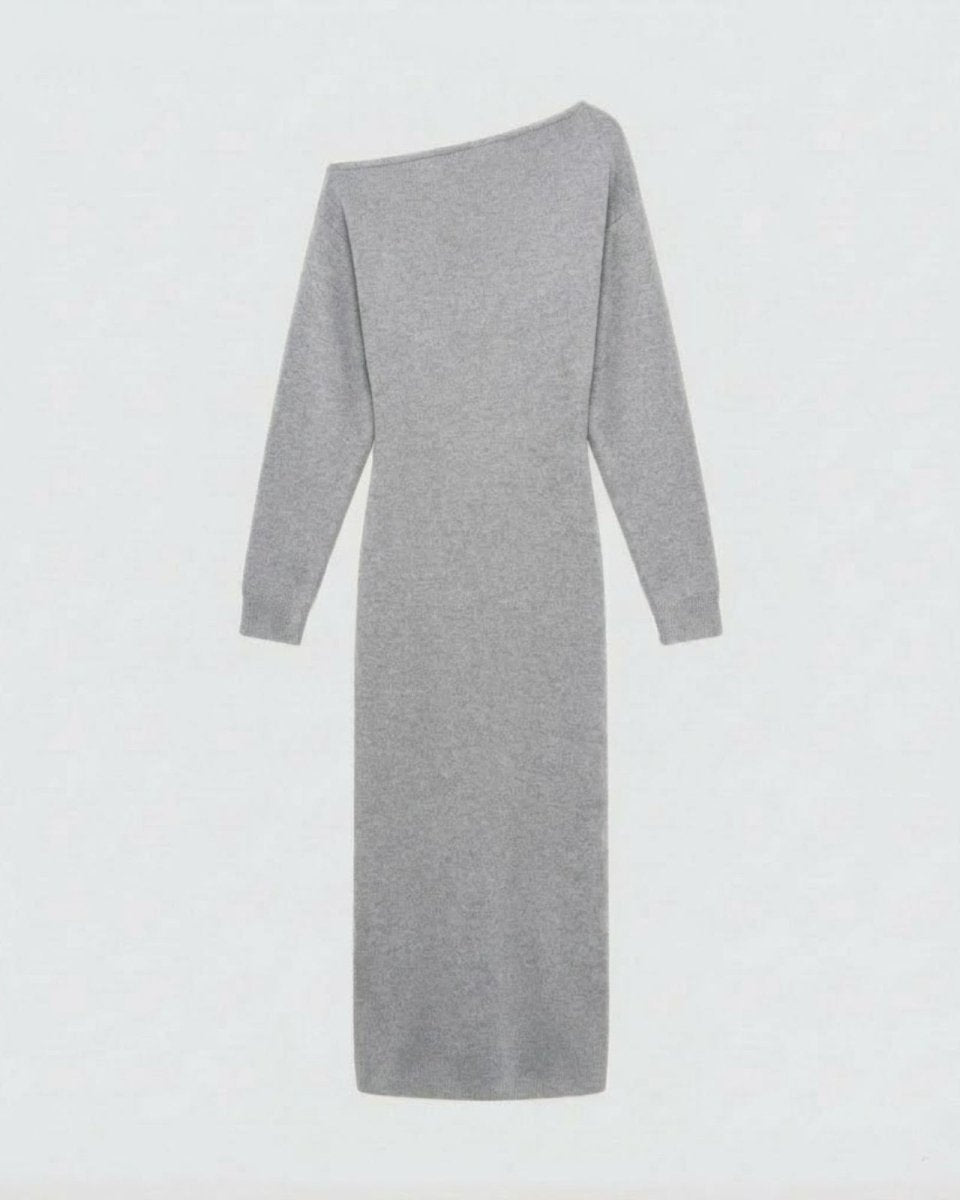 Flatlay product shot of the heather light grey asymmetrical knit dress, back view.
