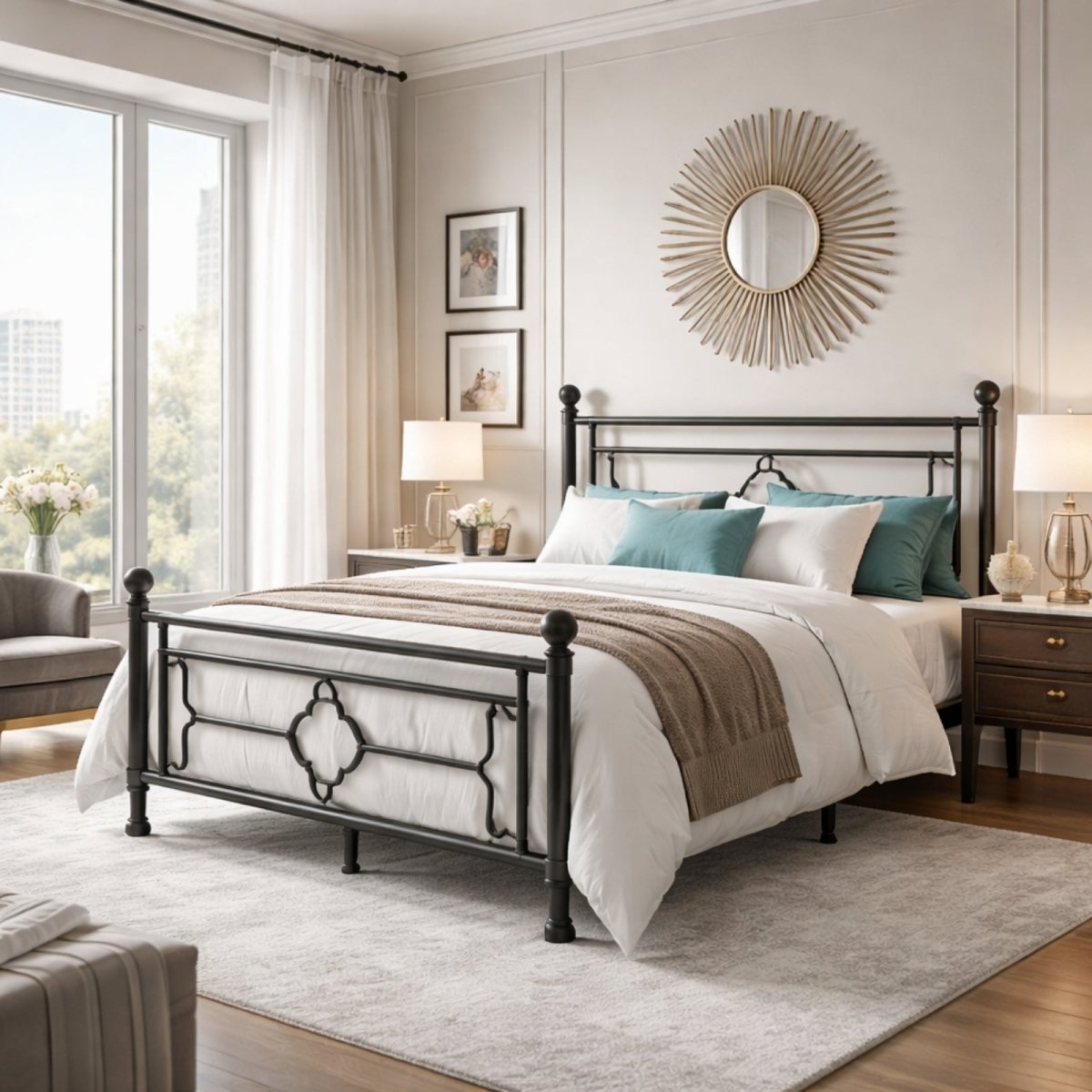 Angled view of the Fenlo Form queen size black metal bed frame showing its sturdy construction in a classic, brightly lit bedroom setting.
