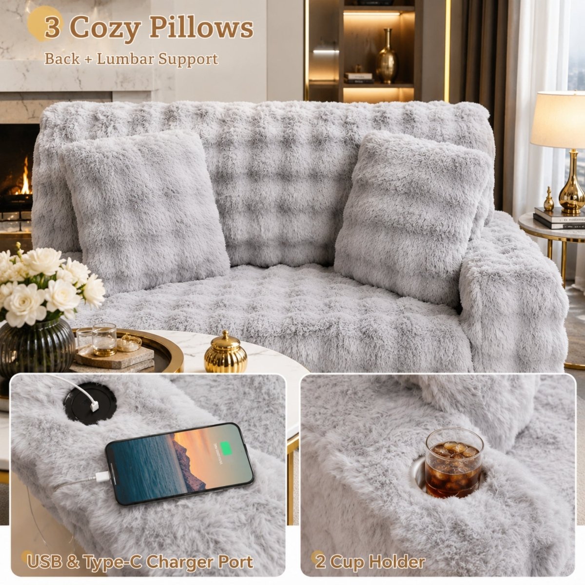 Detail shots of the integrated USB and Type-C charging ports, dual stainless steel cup holders, and cozy matching throw pillows