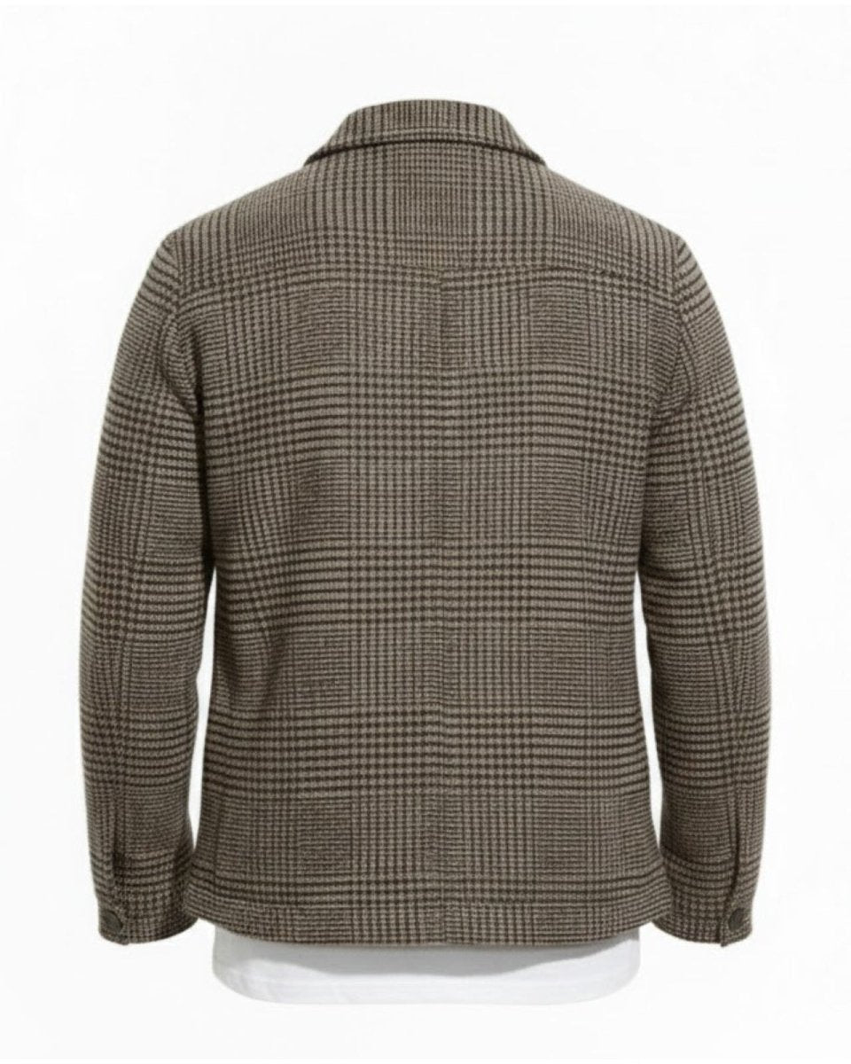 Back view flat lay of the men's wool shacket, showing the full houndstooth pattern and construction of the yoke and sleeves.