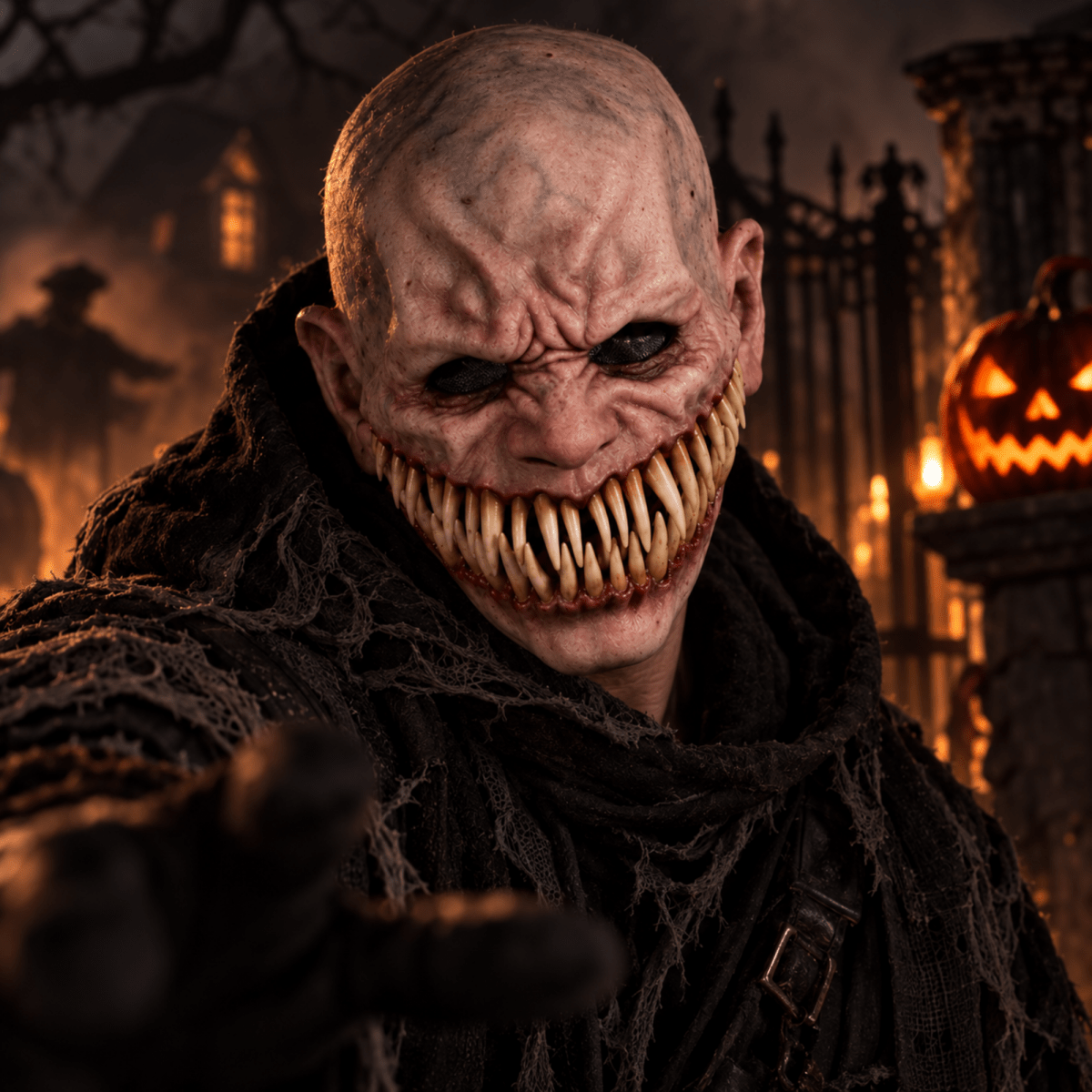A close-up of a person wearing dramatic Halloween horror makeup and a tattered black cloak, with a menacing wide grin showing long teeth. The background is a dark foggy haunted-house scene with candles and a jack-o'-lantern.